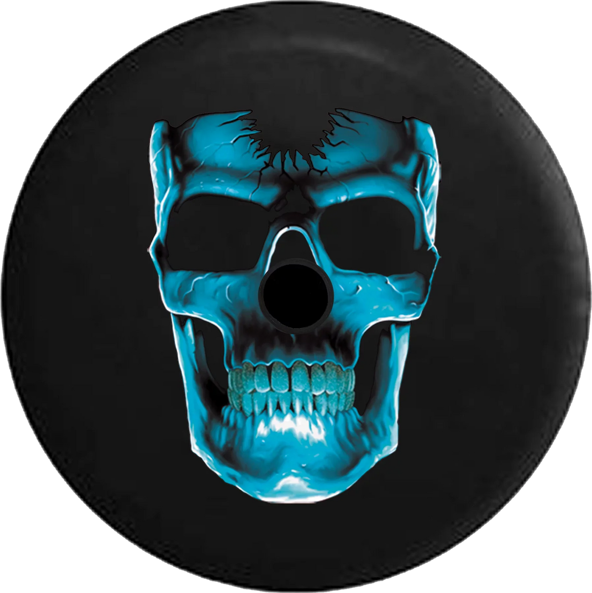 2018 2019 Wrangler  Backup Camera 3D Cracked Grinning Skull Almost Glowing Blue Spare Tire Cover for Jeep  32 Inch