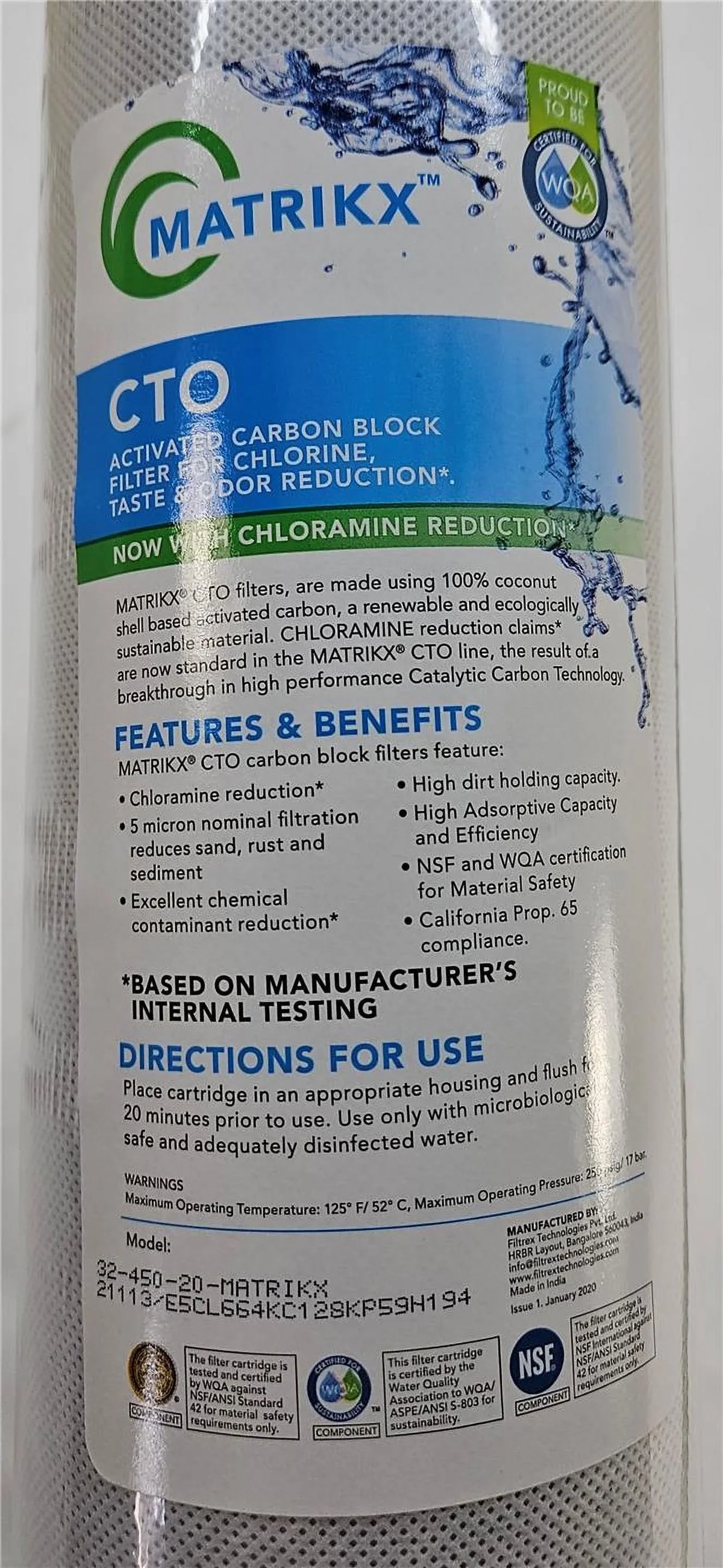 MatriKX (32-450-20-) 20"x4.5"  Carbon Block Chlorine Reduction 5 Micron Filter
