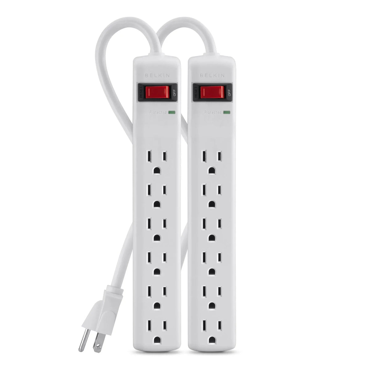 Belkin Power Strip Surge Protector - 6  Multiple Outlets, 2 ft Long Heavy Duty Metal Extension Cord for Home, Office, Travel, Computer Desktop & Phone Charging Brick - 200 Joules, White (2 Pack)