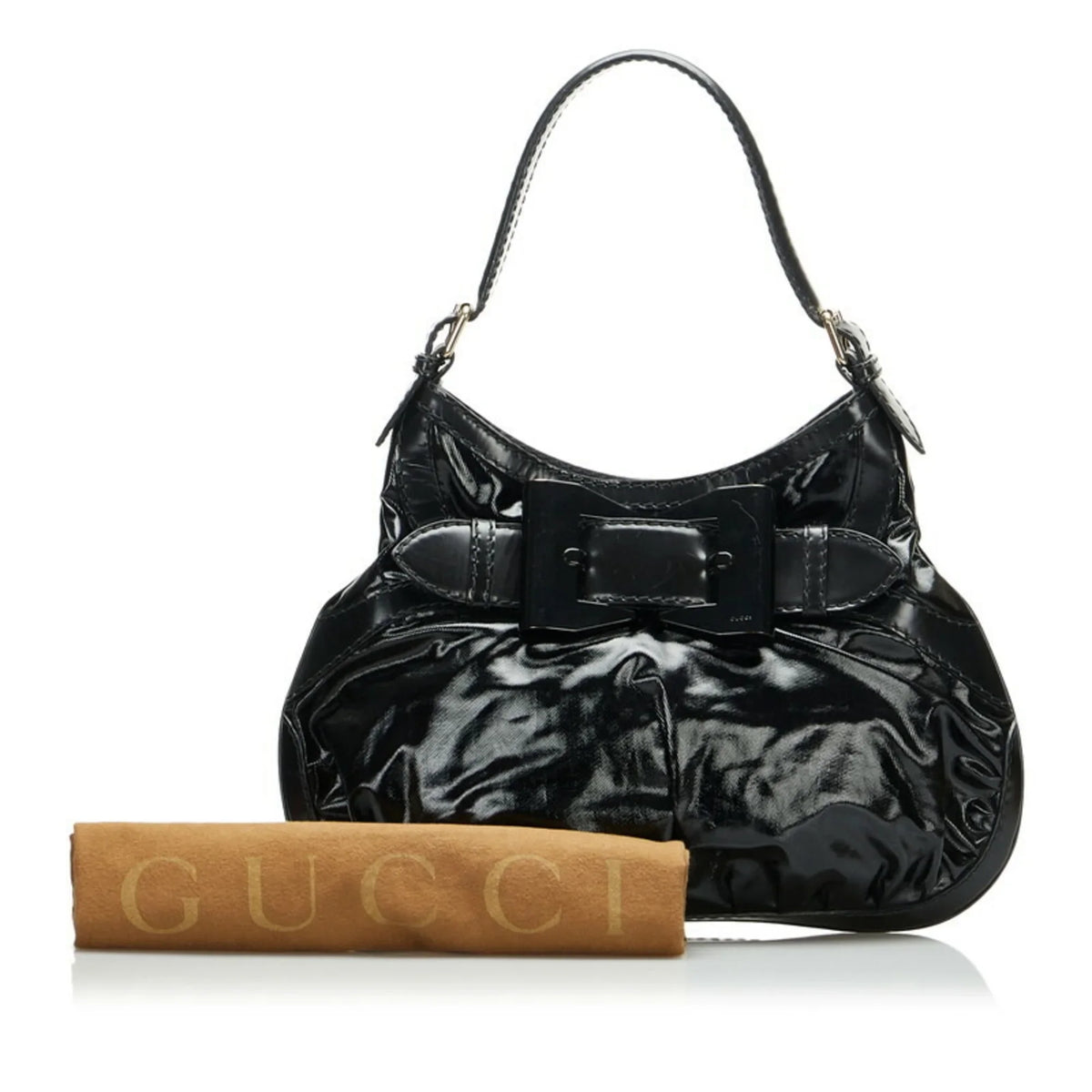 Pre-Owned Gucci Ribbon Handbag Hobo Bag 189885 Black Patent Leather Ladies  (Good)