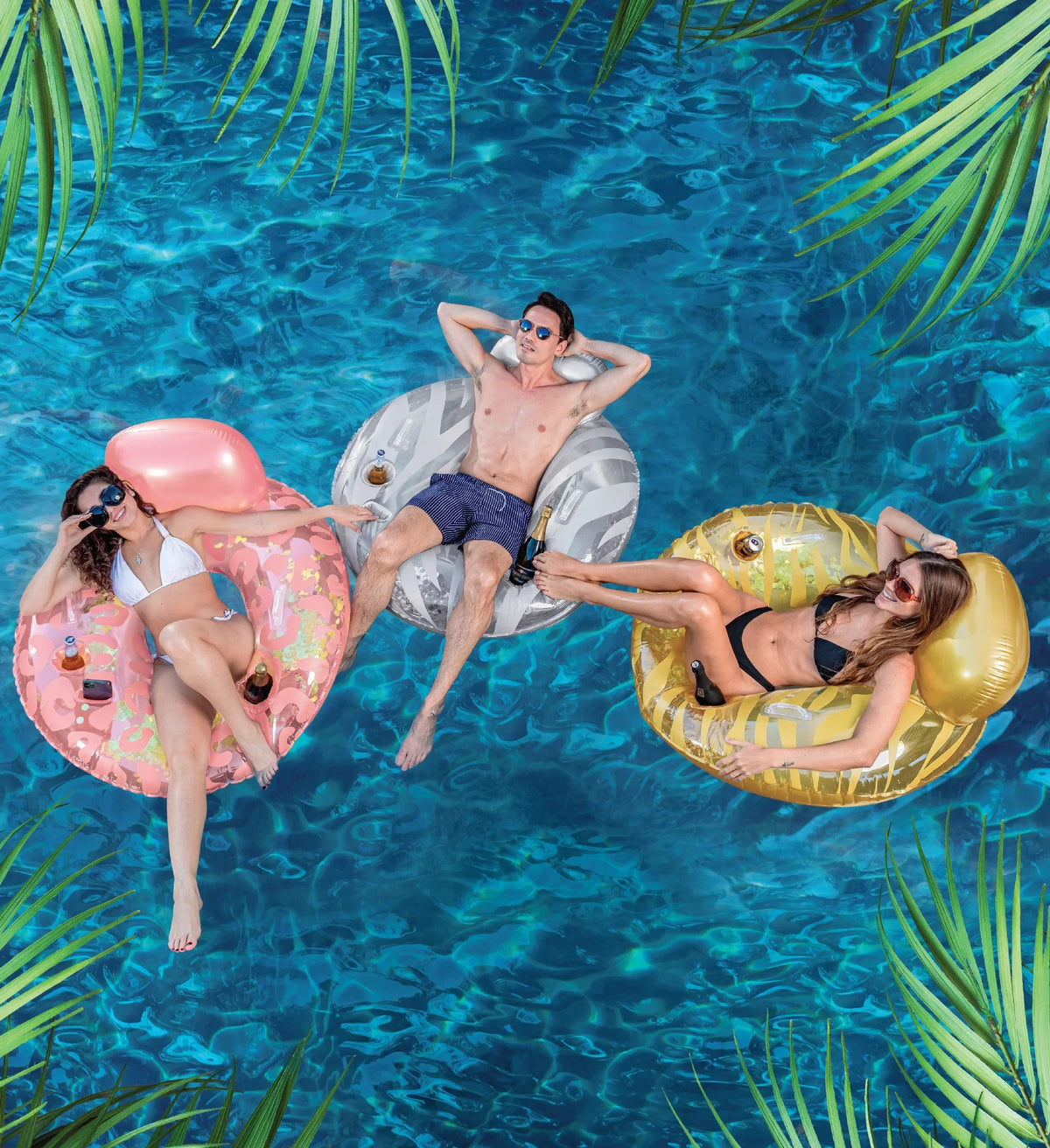 Inflatable Luxury Tubes with Back Rest - Rose Gold, Gold, Silver Sparkle Confetti Filled Luxurious Lounger, Thick Pool Float Tubes, Built in Phone and Cup Holder with Handles, 42 Inch, Pack of 3